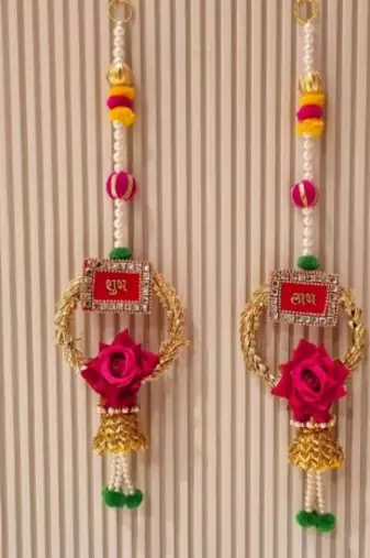 handmade shubh labh rose bell door hanging decorative beaded latkan for home decoration (pack of 2)