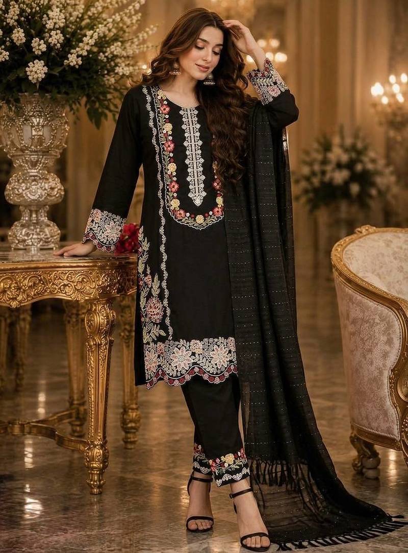 Black Color Embroidery And Thread Work  Satin Salwar Suit