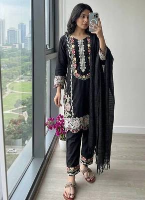 Black Color Embroidery And Thread Work  Satin Salwar Suit 2