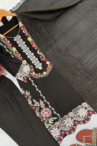 Black Color Embroidery And Thread Work  Satin Salwar Suit
