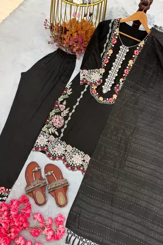 Black Color Embroidery And Thread Work  Satin Salwar Suit