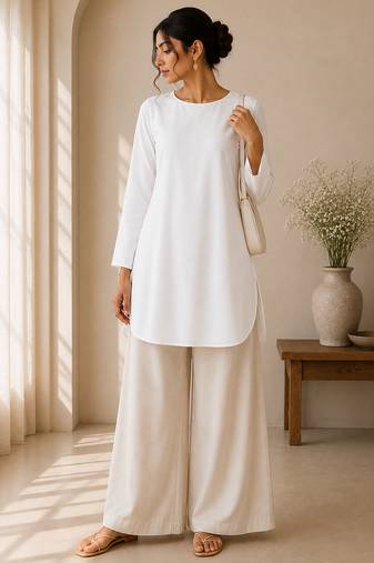 White cotton plain casual kurta set for women