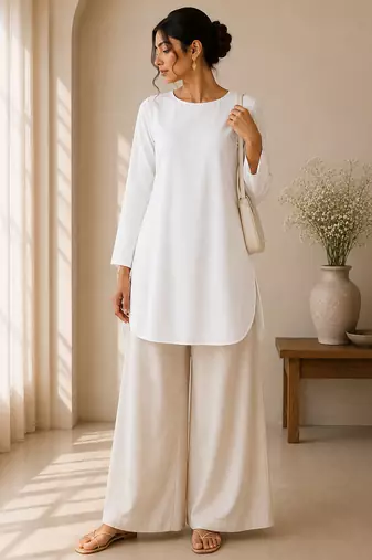 White cotton plain casual kurta set for women