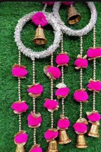 handmade ring bell door hanging decorative pink pom pom latkan for home entrance decoration (pack of 2)