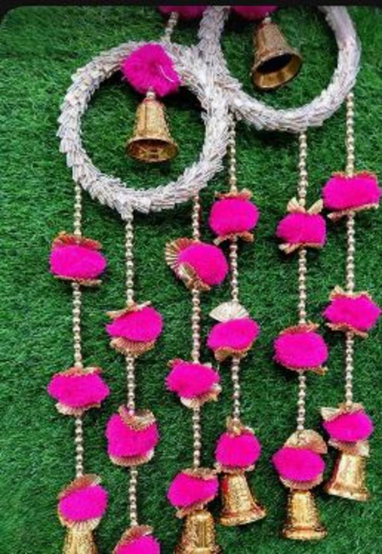 handmade ring bell door hanging decorative pink pom pom latkan for home entrance decoration (pack of 2)