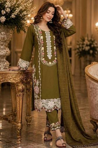 Mehandi Green Color Embroidery And Thread Work  Satin Salwar Suit