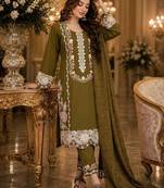 Mehandi Green Color Embroidery And Thread Work  Satin Salwar Suit