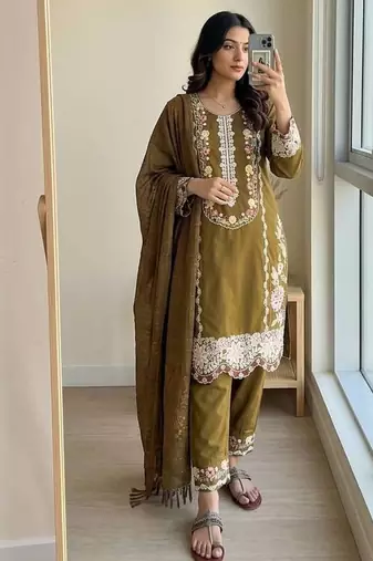 Mehandi Green Color Embroidery And Thread Work  Satin Salwar Suit