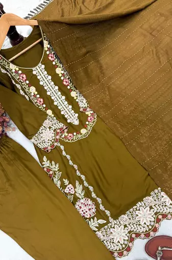 Mehandi Green Color Embroidery And Thread Work  Satin Salwar Suit