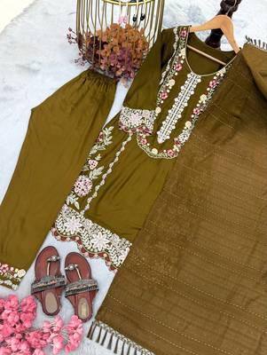 Mehandi Green Color Embroidery And Thread Work  Satin Salwar Suit 4