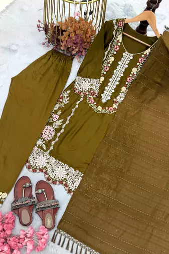 Mehandi Green Color Embroidery And Thread Work  Satin Salwar Suit
