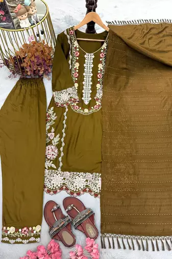 Mehandi Green Color Embroidery And Thread Work  Satin Salwar Suit