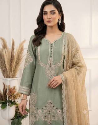 sea green color cording sequnce and  embroidery satin salwar suit  2