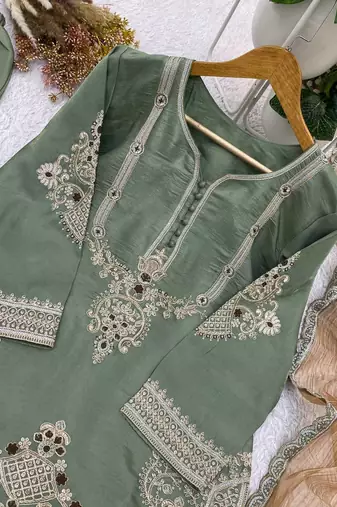 sea green color cording sequnce and  embroidery satin salwar suit 
