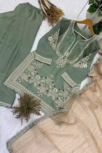 sea green color cording sequnce and  embroidery satin salwar suit 