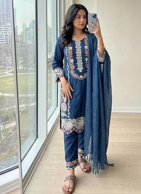 Neavy Blue Color Embroidery And Thread Work  Satin Salwar Suit 2