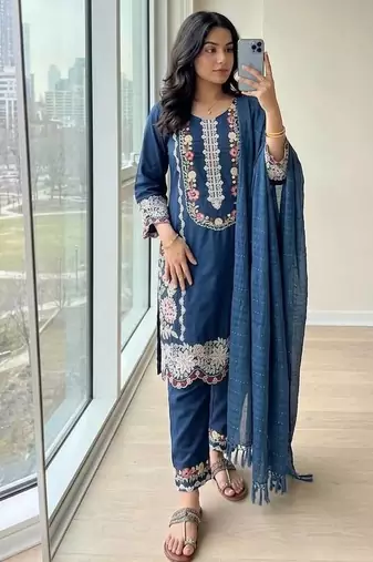 Neavy Blue Color Embroidery And Thread Work  Satin Salwar Suit
