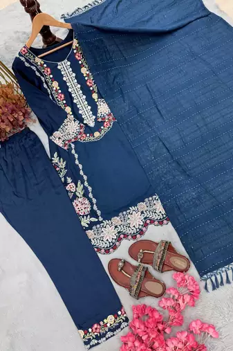 Neavy Blue Color Embroidery And Thread Work  Satin Salwar Suit