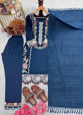 Neavy Blue Color Embroidery And Thread Work  Satin Salwar Suit 5