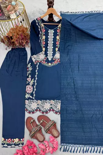 Neavy Blue Color Embroidery And Thread Work  Satin Salwar Suit