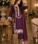 Wine Color Embroidery And Thread Work  Satin Salwar Suit