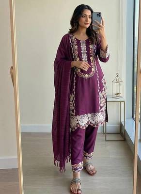 Wine Color Embroidery And Thread Work  Satin Salwar Suit 2