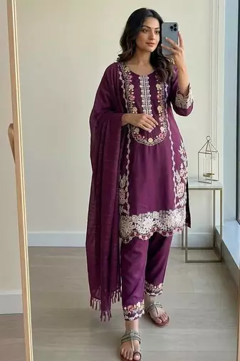 Wine Color Embroidery And Thread Work  Satin Salwar Suit