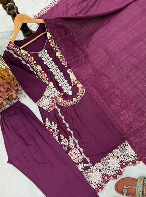 Wine Color Embroidery And Thread Work  Satin Salwar Suit 3