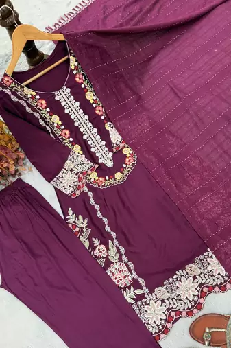 Wine Color Embroidery And Thread Work  Satin Salwar Suit