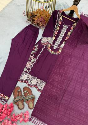Wine Color Embroidery And Thread Work  Satin Salwar Suit 4