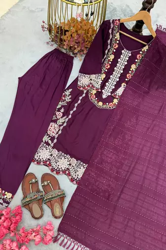 Wine Color Embroidery And Thread Work  Satin Salwar Suit