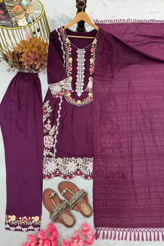 Wine Color Embroidery And Thread Work  Satin Salwar Suit