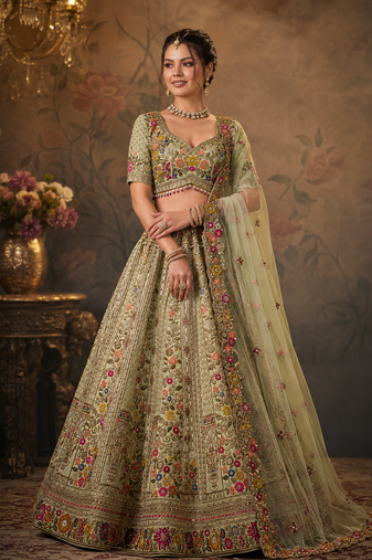 Light green color Thread Embroidery Dori Zari and Sequins work Diamond silk blend Lehenga Choli set