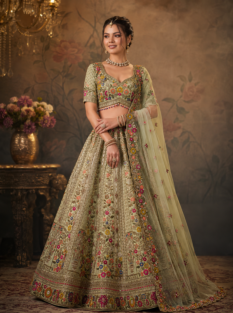 Light green color Thread Embroidery Dori Zari and Sequins work Diamond silk blend Lehenga Choli set