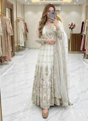 white color embroidery sequins work faux georgette gown set 1