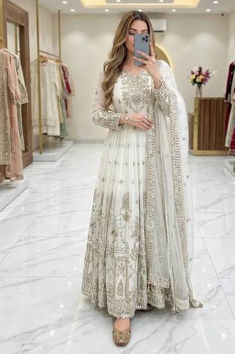 white color embroidery sequins work faux georgette gown set