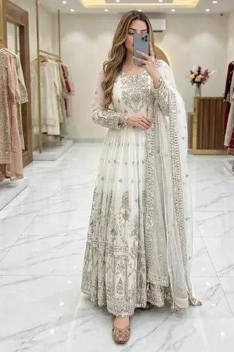 white color embroidery sequins work faux georgette gown set