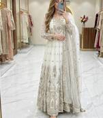white color embroidery sequins work faux georgette gown set