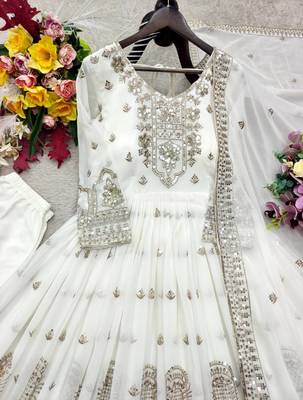 white color embroidery sequins work faux georgette gown set 2