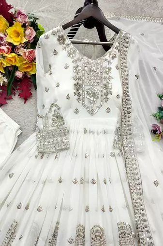 white color embroidery sequins work faux georgette gown set