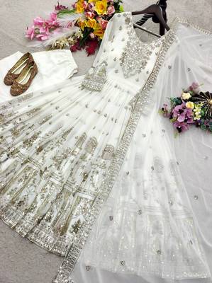 white color embroidery sequins work faux georgette gown set 3