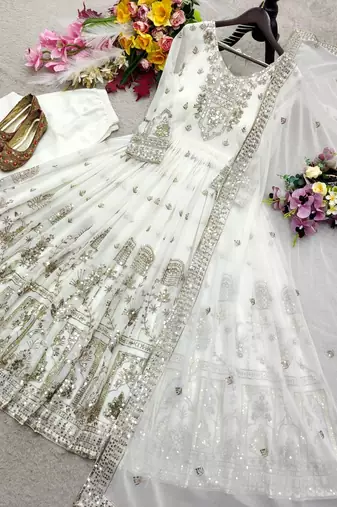 white color embroidery sequins work faux georgette gown set