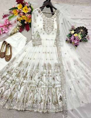 white color embroidery sequins work faux georgette gown set 4