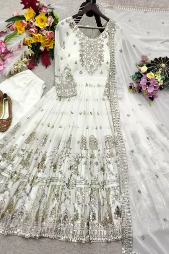 white color embroidery sequins work faux georgette gown set