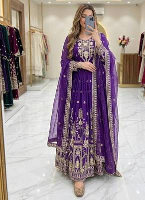 purple color embroidery sequins work faux georgette gown set 1