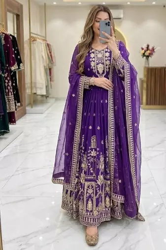 purple color embroidery sequins work faux georgette gown set