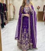 purple color embroidery sequins work faux georgette gown set