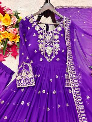 purple color embroidery sequins work faux georgette gown set 2