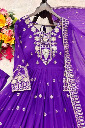 purple color embroidery sequins work faux georgette gown set
