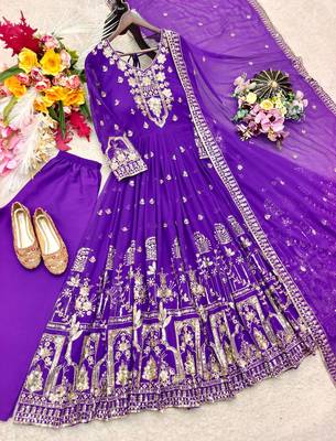 purple color embroidery sequins work faux georgette gown set 3